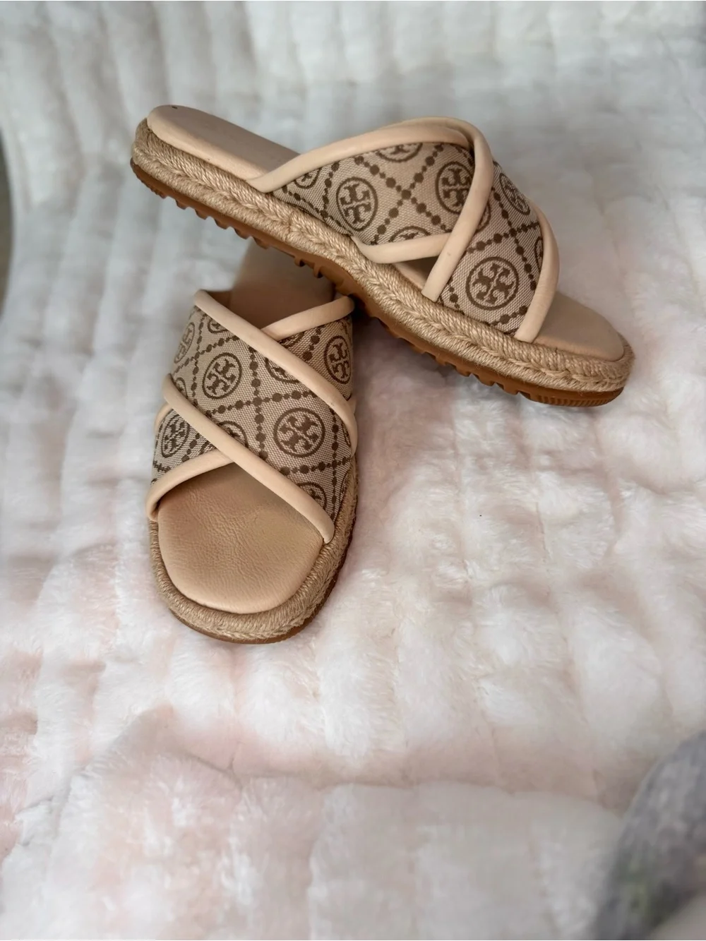 Beige Tory Burch Cross-Strap Espadrille Slide Sandals